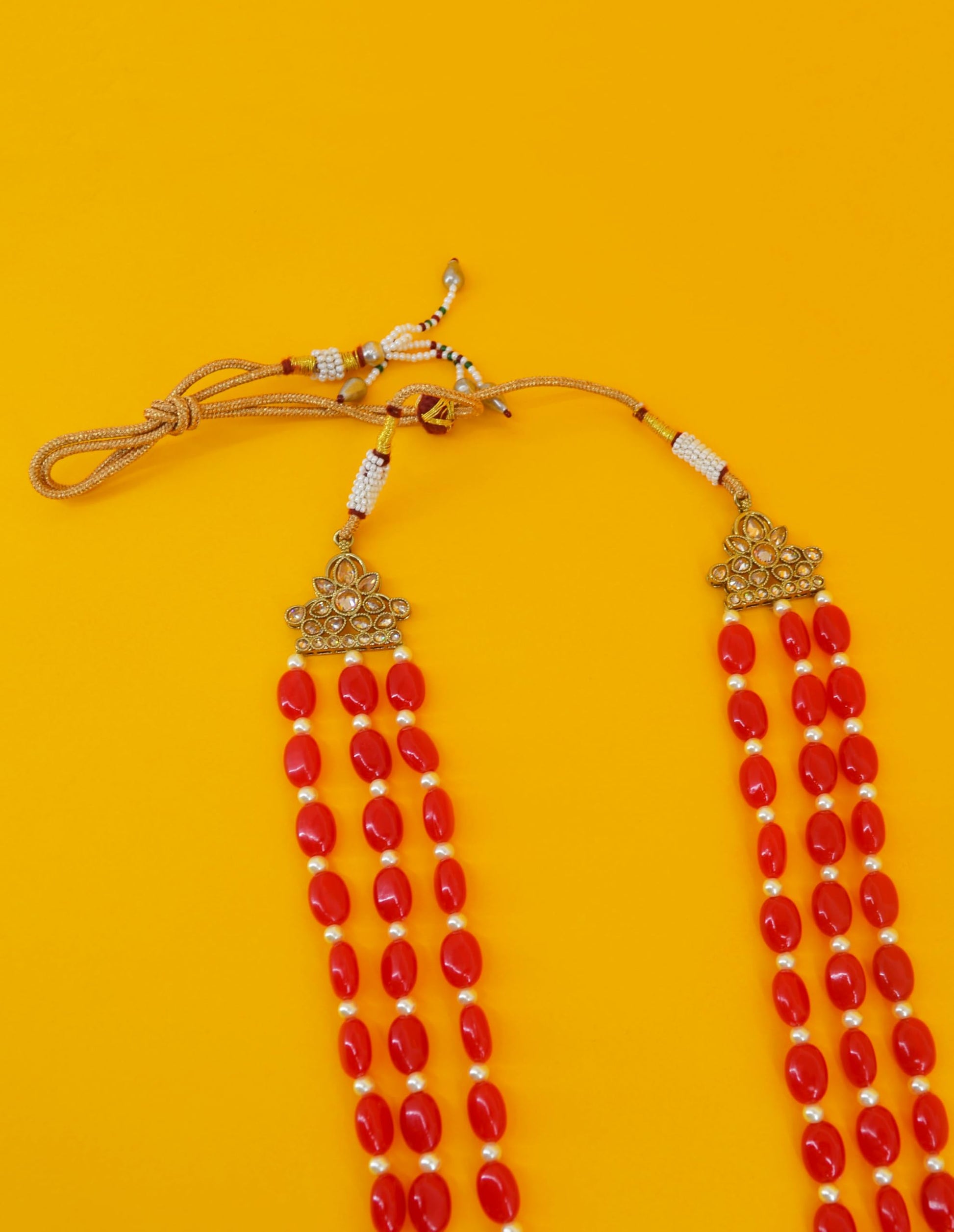 Saloni Fashion Jewellery Pleasant Red Mother of Pearls 3 Layered Gold Plated Long Haram Necklace Pearl Mala For Women and Girls