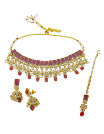 Saloni Fashion Jewellery Stylish Flower and Square Shape Red Uncut Kundan Gold Plated Choker Necklace Set with Maangtikka For Women and Girls