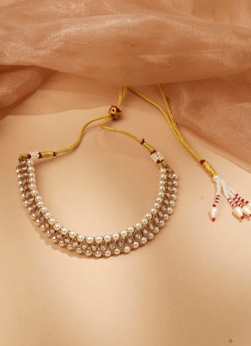 Saloni Fashion Jewellery Superb Flower and Circle Shape Pearl Brown Kundan Stone Antique Gold Plated Choker Necklace With Maang Tikka For Women and Girls