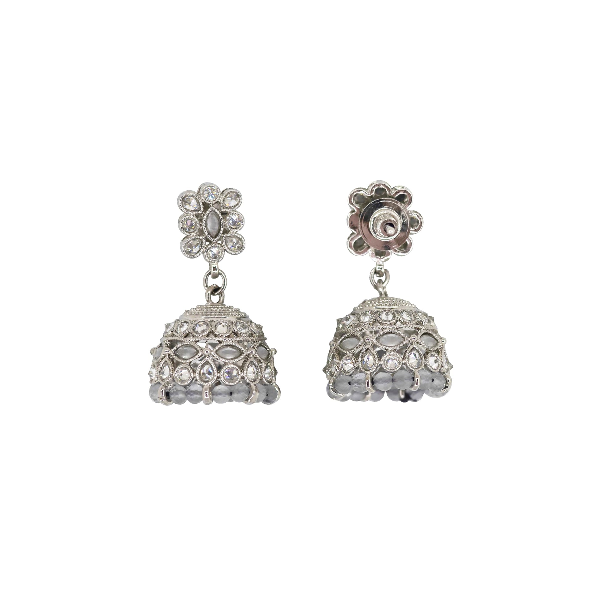 Saloni Fashion Jewellery Beautiful Pear and Flower Shape Grey Uncut Kundan Stone Silver Plated Jhumki Earring For Women and Girls