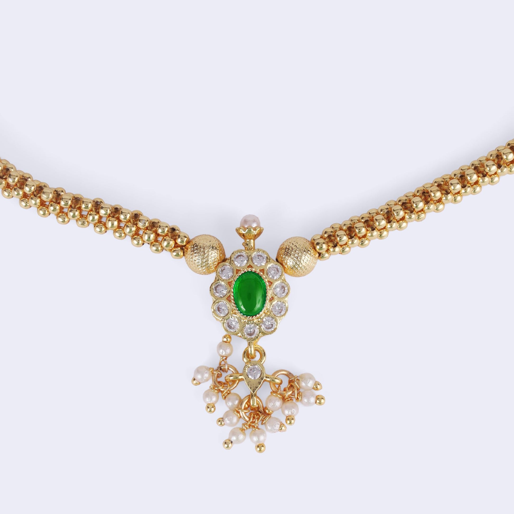 Saloni Fashion Jewellery Lovely Round Shape and Small Golden Ball Green Kundan Stone Antique Gold Plated Brass Choker Necklace Set For Women and Girls