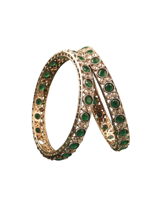 Saloni Fashion Jewellery Stylish Round Shape Antique Gold Plated Green Uncut Kundan Stone Set Of 2 Bangle Set For Women and Girls