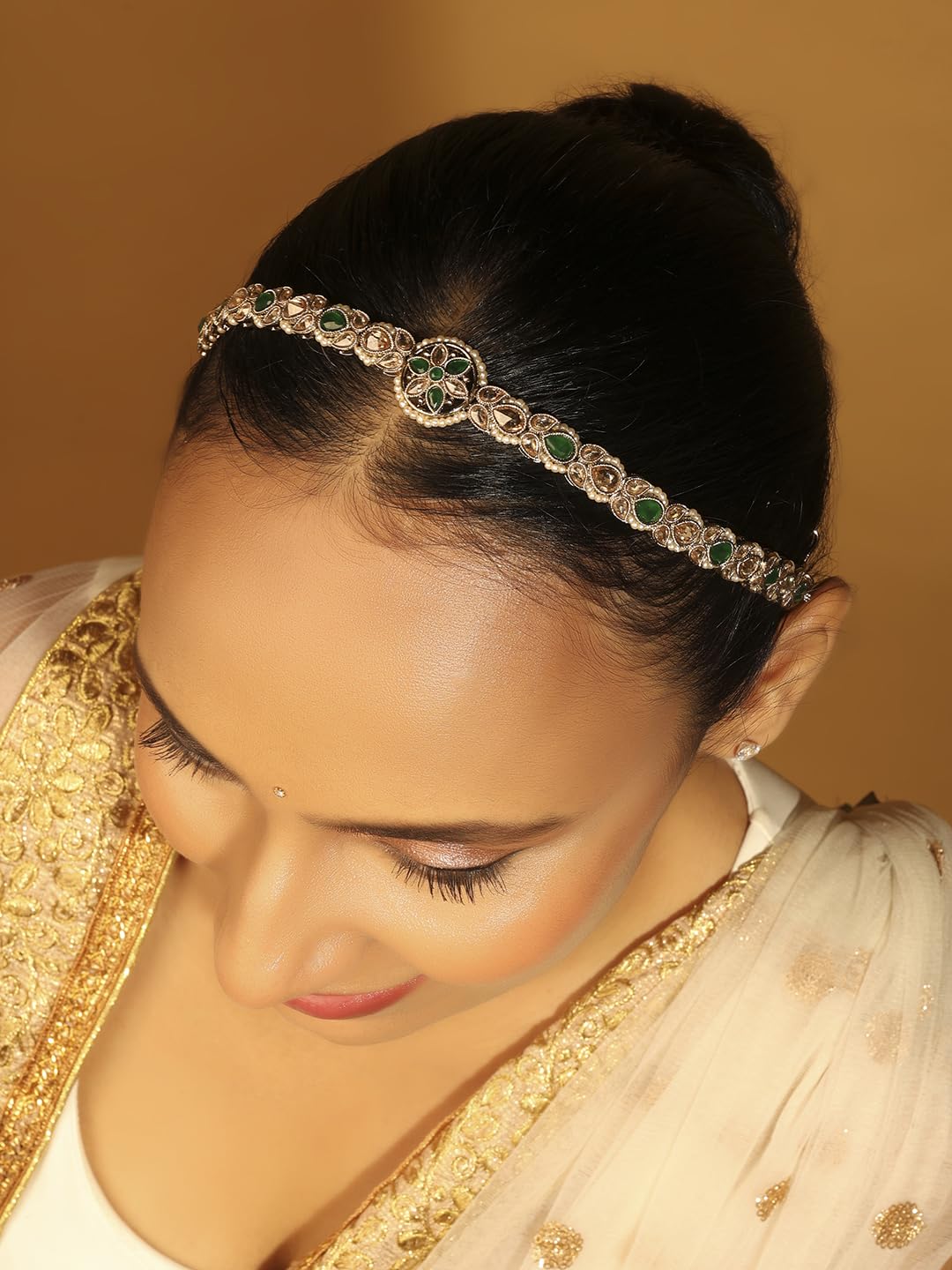 Saloni Fashion Jewellery Beautiful Flower Design and Pearl Green Kundan Stone Antique Gold Plated Mathapatti(Sheeshphool) For Women and Girls