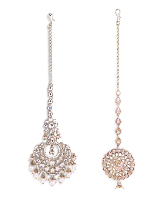 Saloni Fashion Jewellery Traditional Flower Shape and Pearl Silver Gold Plated Set of 2 Combo Maang Tikka For Women