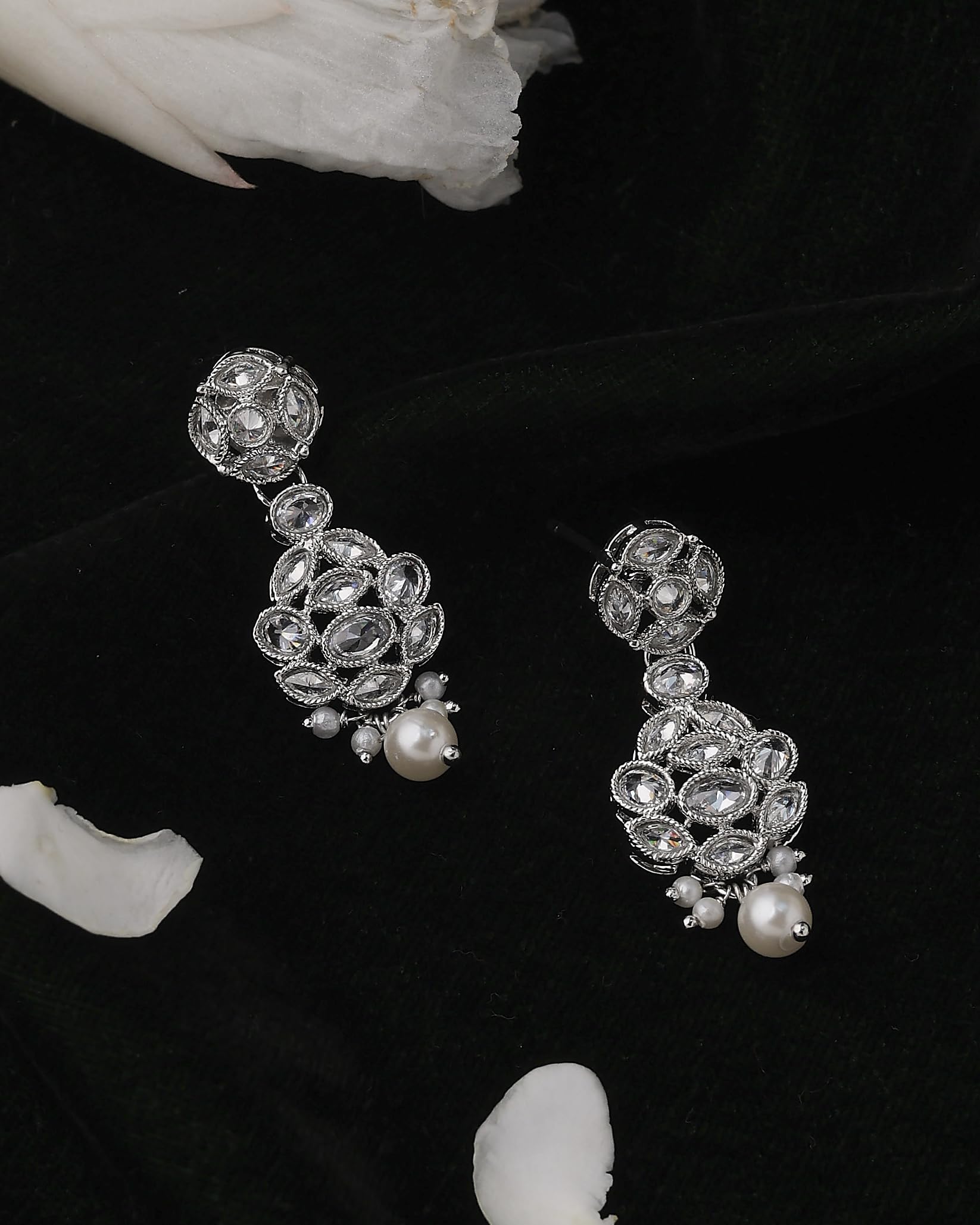 Saloni Fashion Jewellery Lavish Round Shape Silver Plated White Pearl Kundan Stone Dangle Earring For Women and Girls