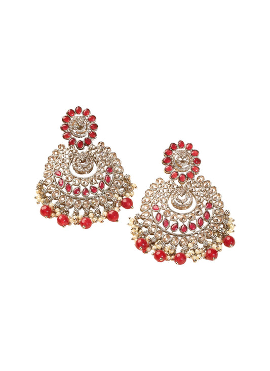 Saloni Fashion Jewellery Lovely Chandelier and Circle Shape Red Kundan Stone Antique Gold Plated Chandelier Earring For Women and Girls