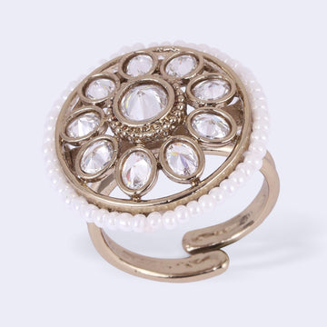Saloni Fashion Jewellery Smooth Round Shape and Pearl Gold Plated Adjustable Finger Ring For Women