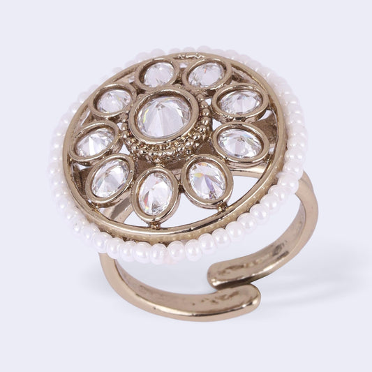 Saloni Fashion Jewellery Smooth Round Shape and Pearl Gold Plated Adjustable Finger Ring For Women