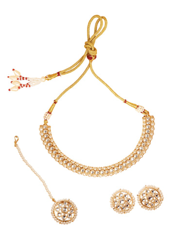 Saloni Fashion Jewellery Creative Flower and Round Shape White Kundan Pearl Gold Plated Choker Necklace With Maang Tikka For Women and Girls