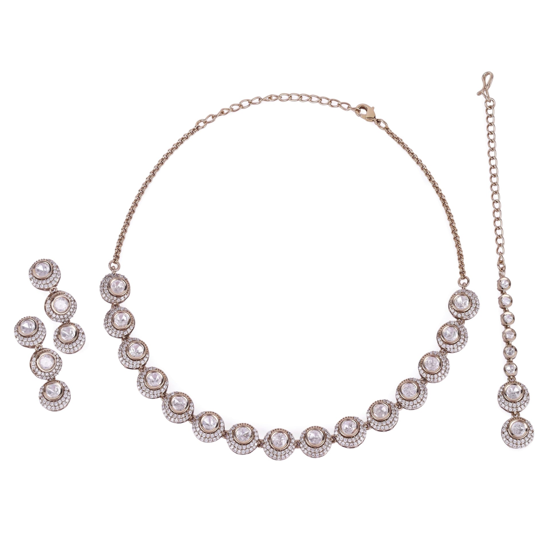 Saloni Fashion Jewellery Excellent Round Shape CZ Studded Gold Plated Choker Necklace Set With Maangikka For Women and Girls