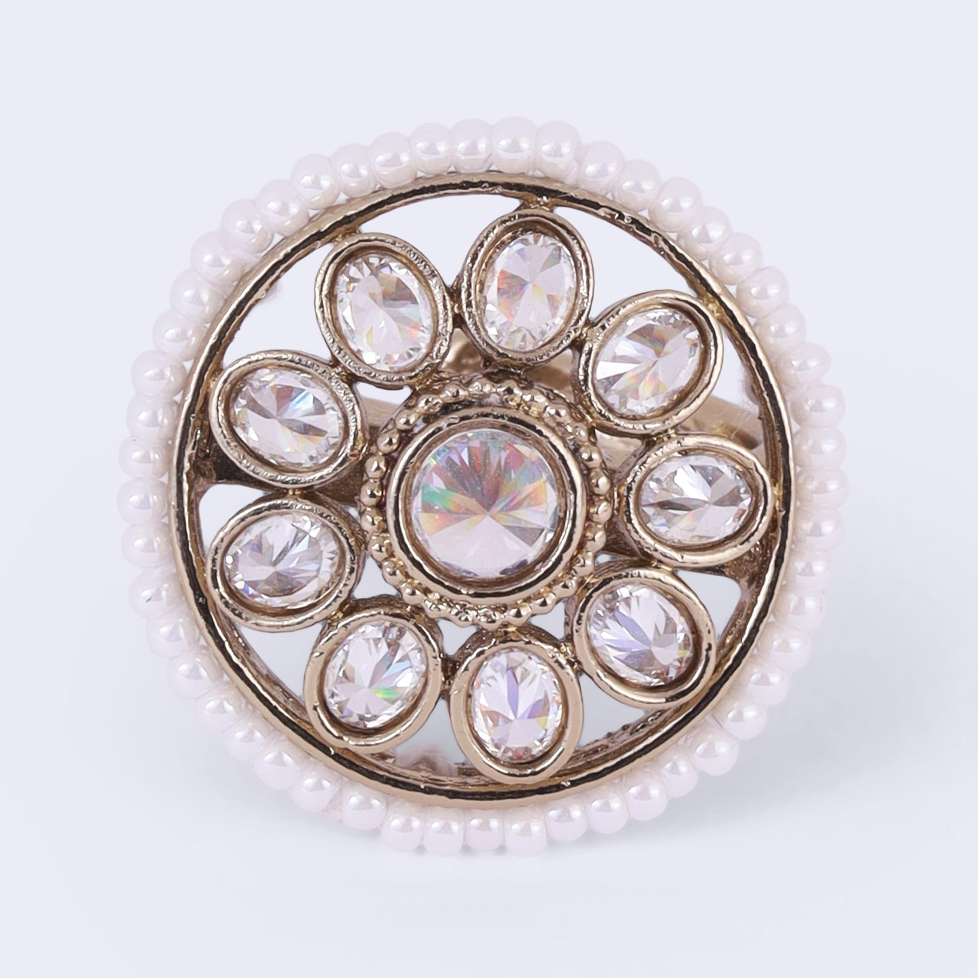 Saloni Fashion Jewellery Smooth Round Shape and Pearl Gold Plated Adjustable Finger Ring For Women