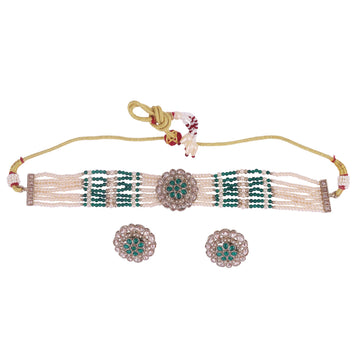 Saloni Fashion Jewellery Delightful Pearl Round and Flower Shape Silver Plated Collar Necklace Set For Women and Girls