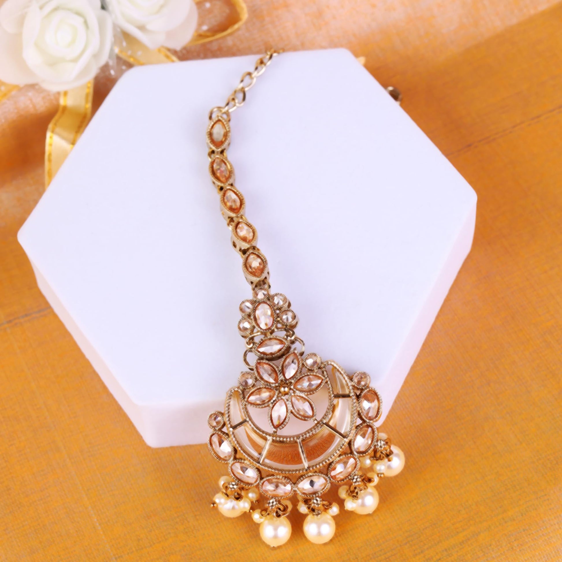 Saloni Fashion Jewellery Traditional Chandelier and Flower Shape Silver Gold Plated Maang Tikka For Women