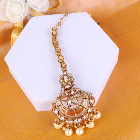 Saloni Fashion Jewellery Traditional Chandelier and Flower Shape Silver Gold Plated Maang Tikka For Women