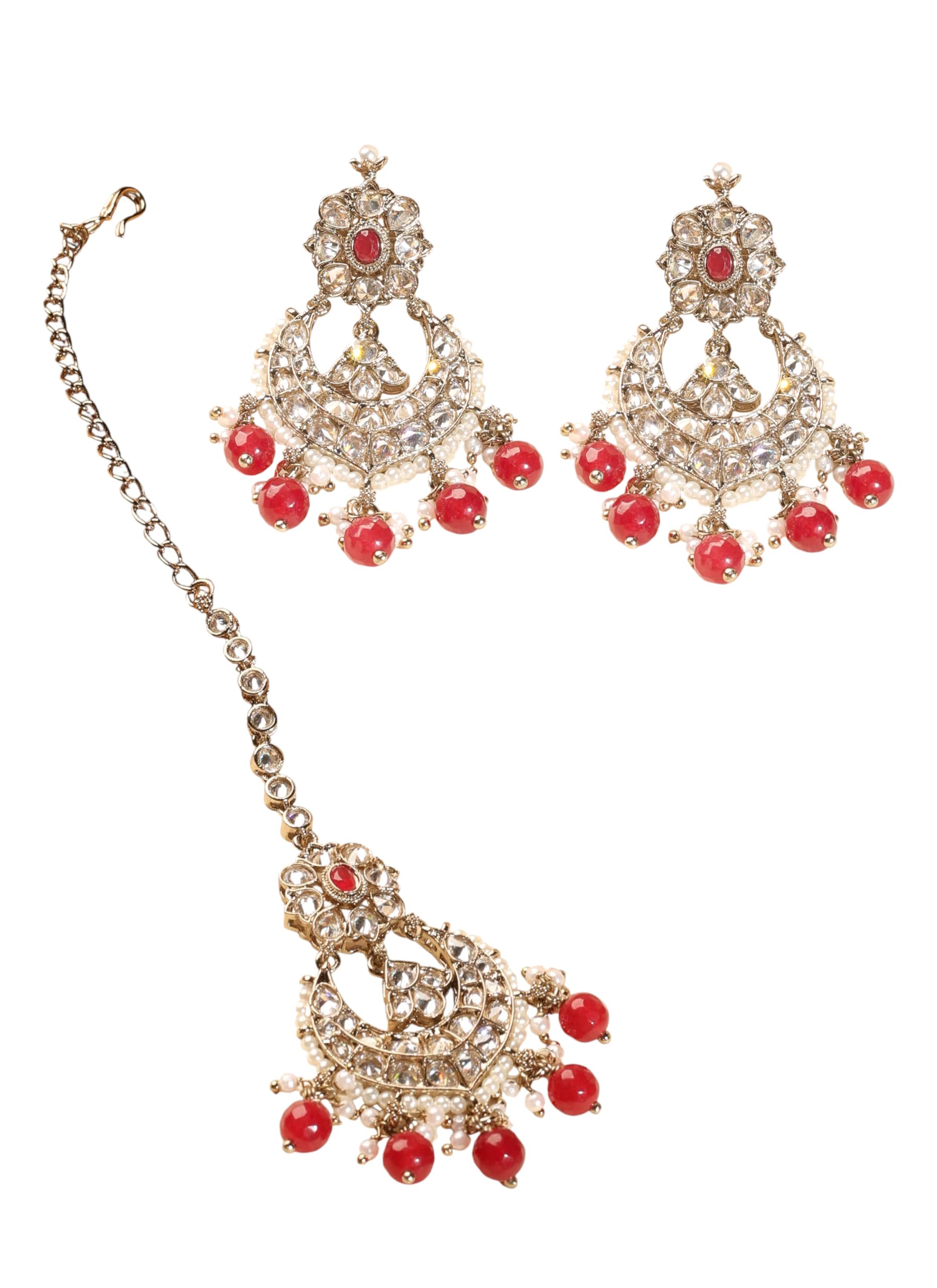 Saloni Fashion Jewellery Fashionable Chandelier Shape and Red Pearl Brown Kundan Stone Antique Gold Plated Brass Chandelier Earring With Maang Tikka For Women and Girls