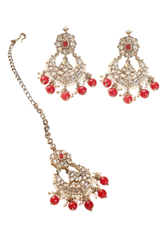 Saloni Fashion Jewellery Fashionable Chandelier Shape and Red Pearl Brown Kundan Stone Antique Gold Plated Brass Chandelier Earring With Maang Tikka For Women and Girls