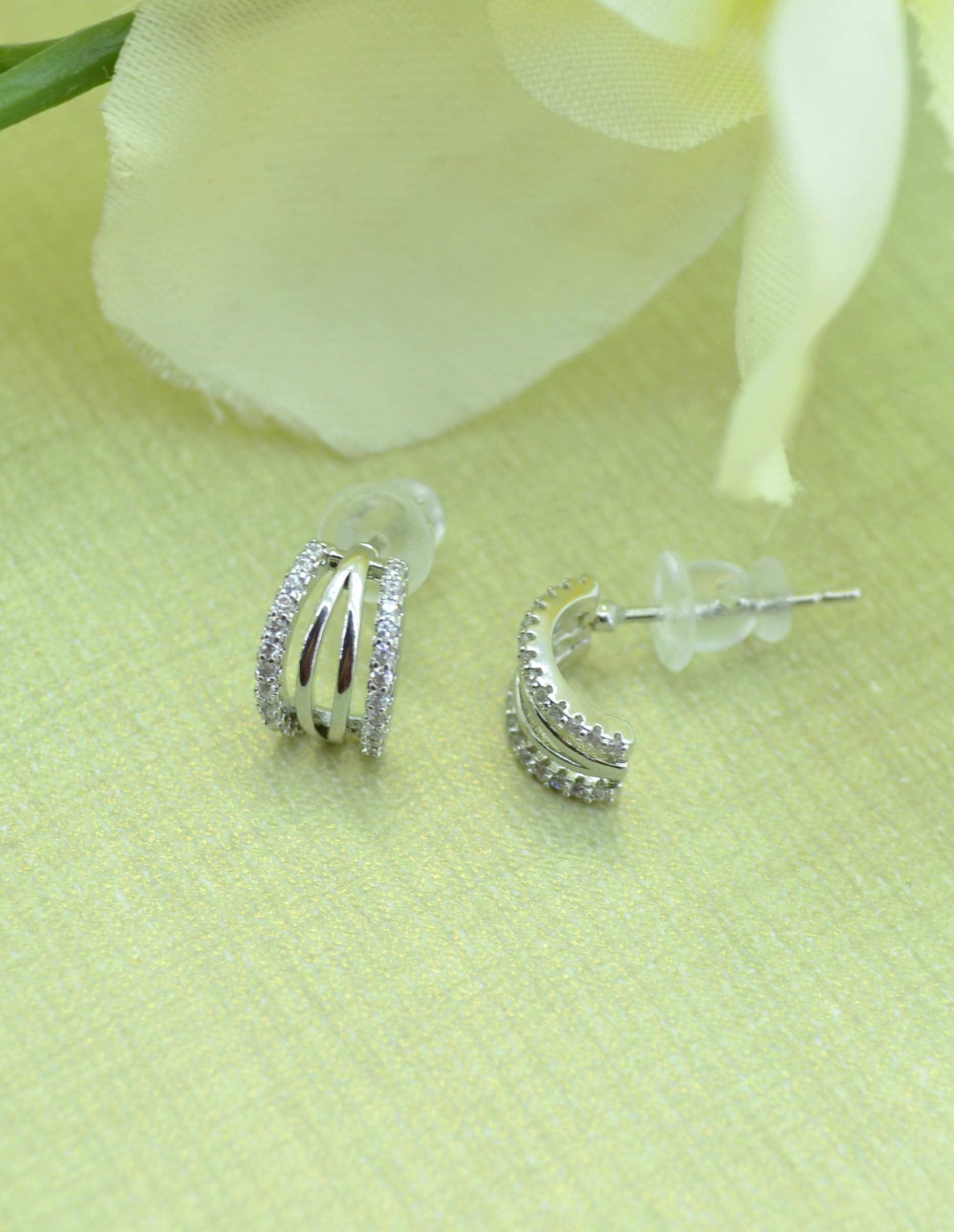 Saloni Fashion Jewellery Fancy Cuff Shape CZ Studded Combo of 3 Silver Plated Stud Earring For Women and Girls