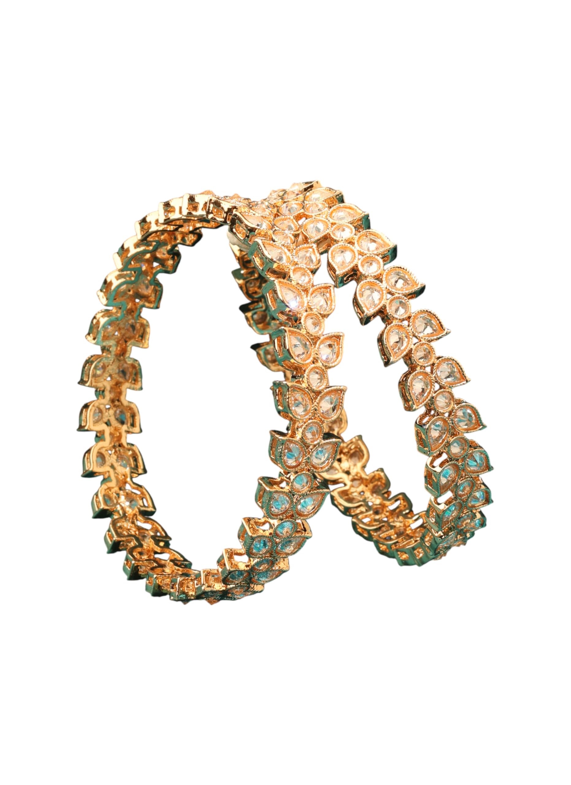 Saloni Fashion Jewellery Glimmery Leaf Design White Kundan Stone Gold Plated Set Of 2 Bangle Set For Women and Girls