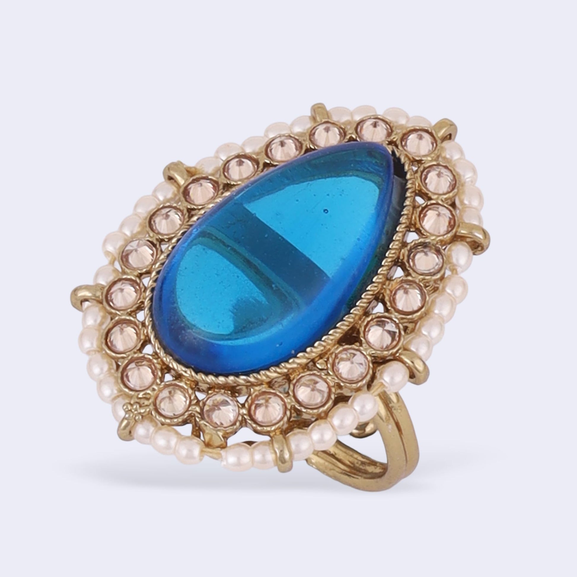 Saloni Fashion Jewellery Splendid Oval Shape Center Blue Stone Gold Plated Adjustable Finger Ring For Women