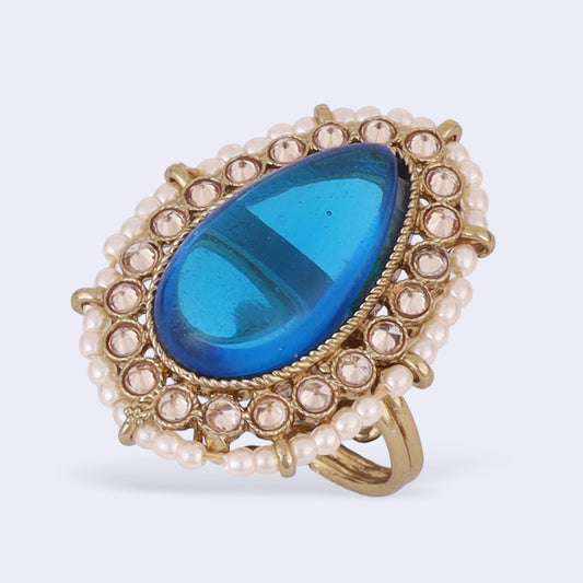 Saloni Fashion Jewellery Splendid Oval Shape Center Blue Stone Gold Plated Adjustable Finger Ring For Women