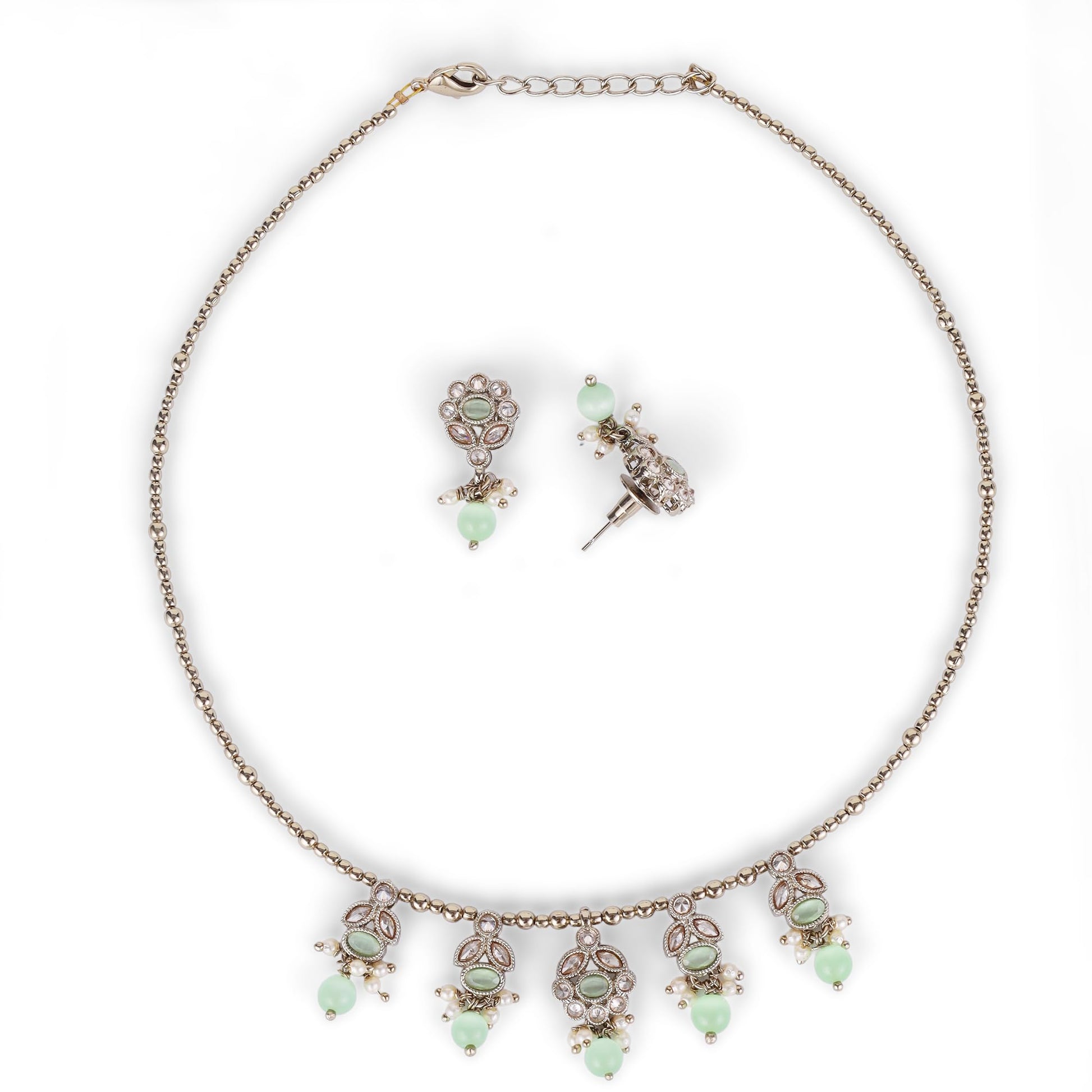 Saloni Fashion Jewellery Delightful Leaf and Oval Shape Crystal Gold Plated Matinee Necklace Set(Mala) For Women