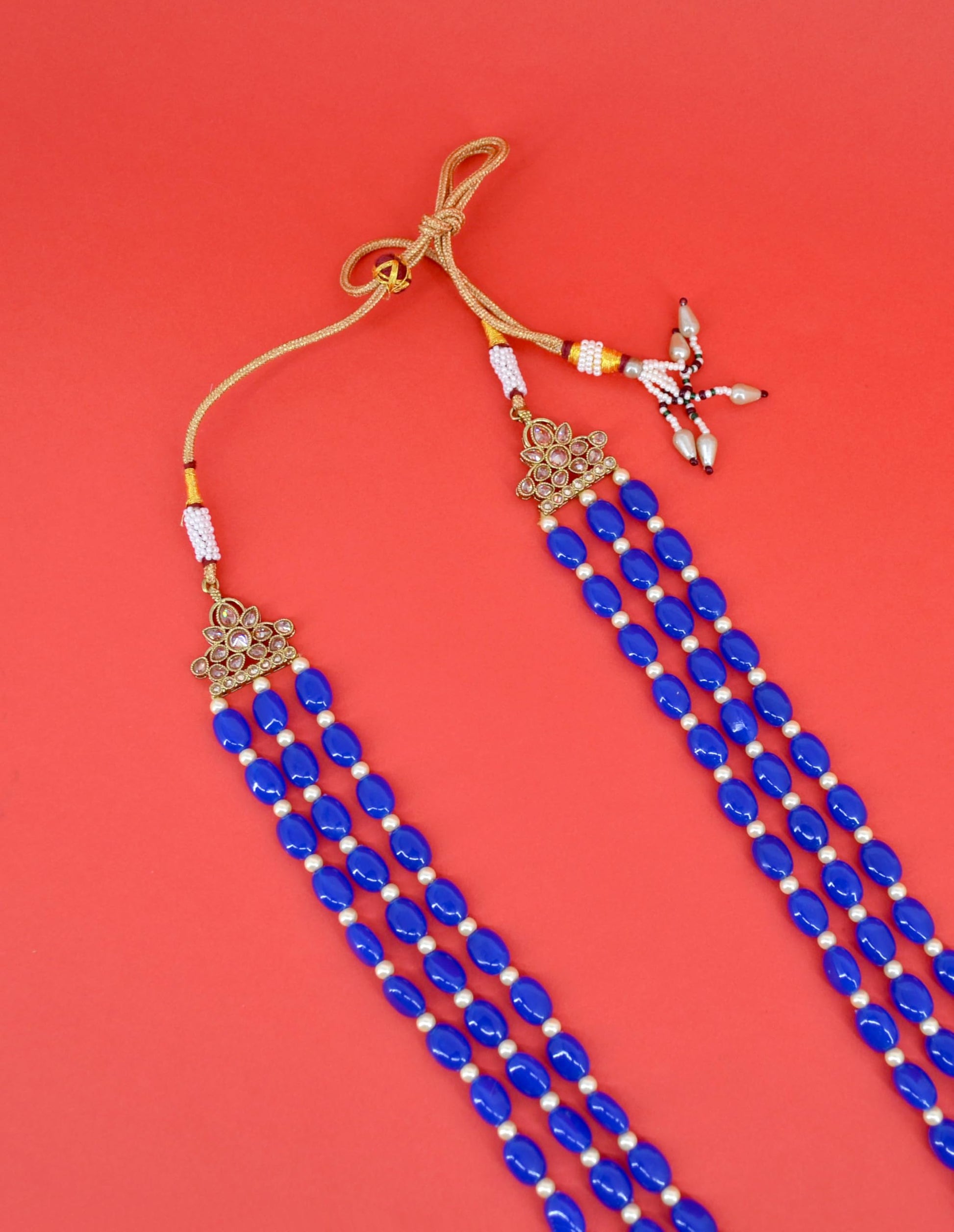 Saloni Fashion Jewellery Pleasing Blue Mother of Pearls 3 Layered Gold Plated Long Haram Necklace Pearl Mala For Women and Girls