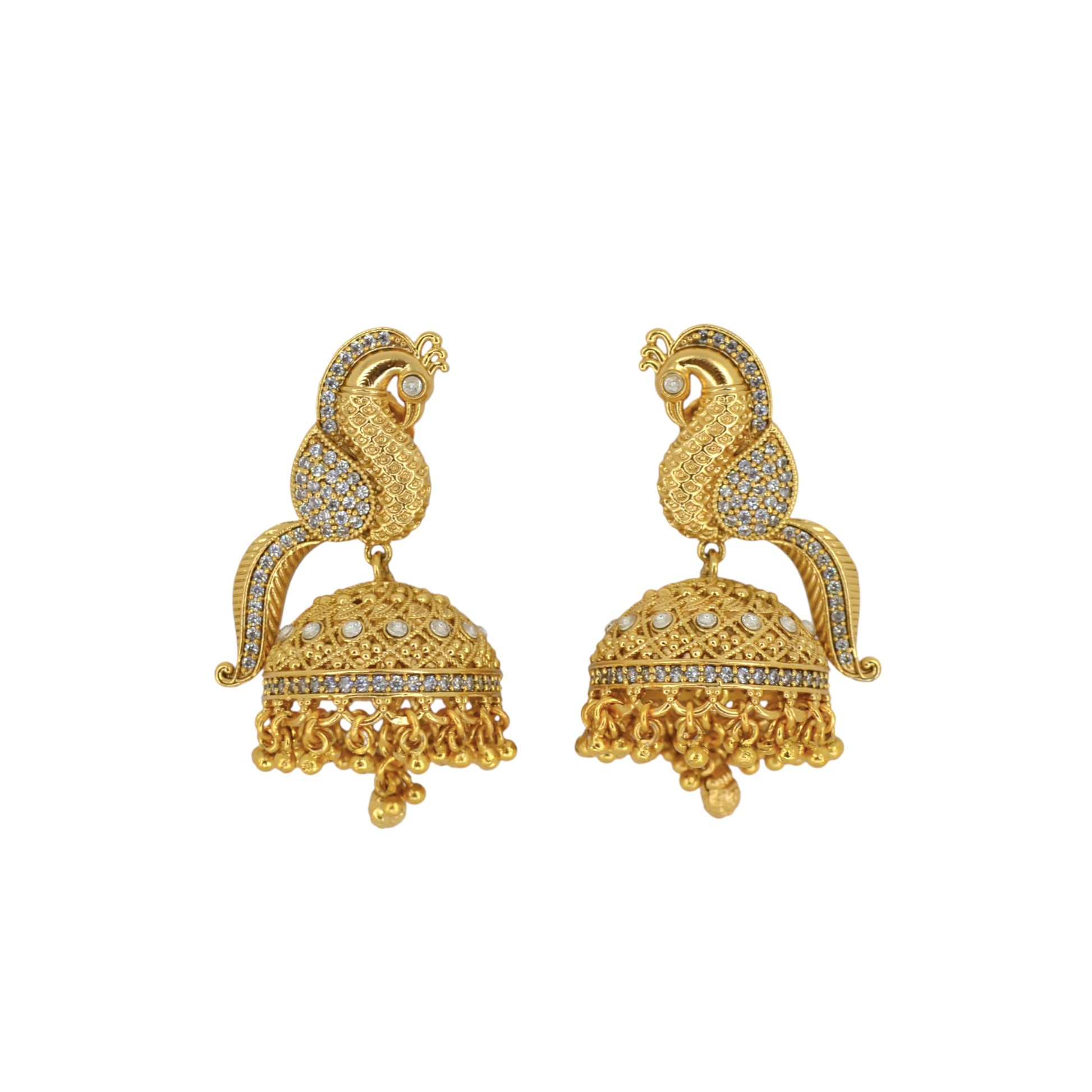 Saloni Fashion Jewellery Pleasing Peacock Design Gold Plated CZ Studded Small Golden Balls Brass Jhumki Earring For Women and Girls