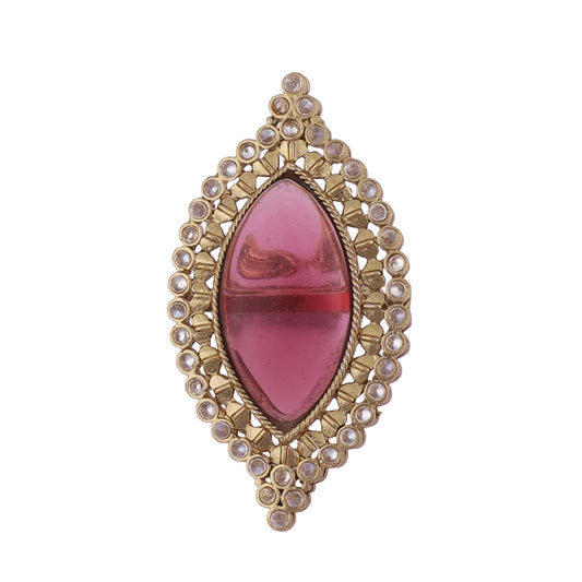 Saloni Fashion Jewellery Lavish Oval Shape Center Pink Stone Gold Plated Adjustable Finger Ring For Women