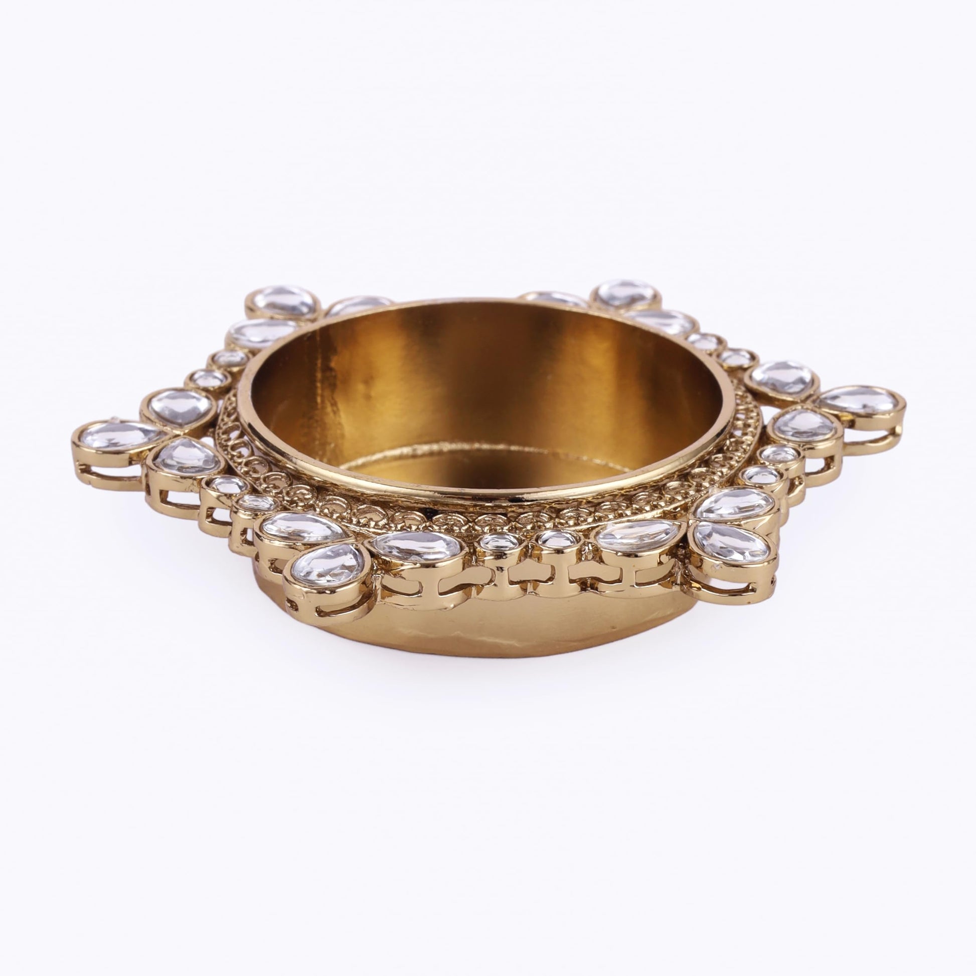 Saloni Fashion Jewellery Traditional Delightful Round and Flower Design Brass Gold Plated White Stone Festival Decorative Deep / Diya