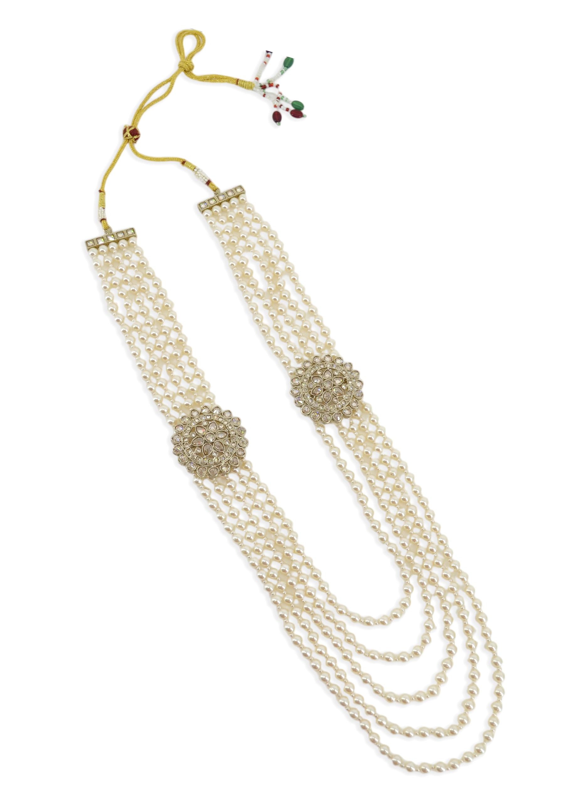 Saloni Fashion Jewellery Royal Flower Design Pearl 5 String Brown Stone Kundan Antique Gold Plated Long Haram Necklace Mala For Women and Girls