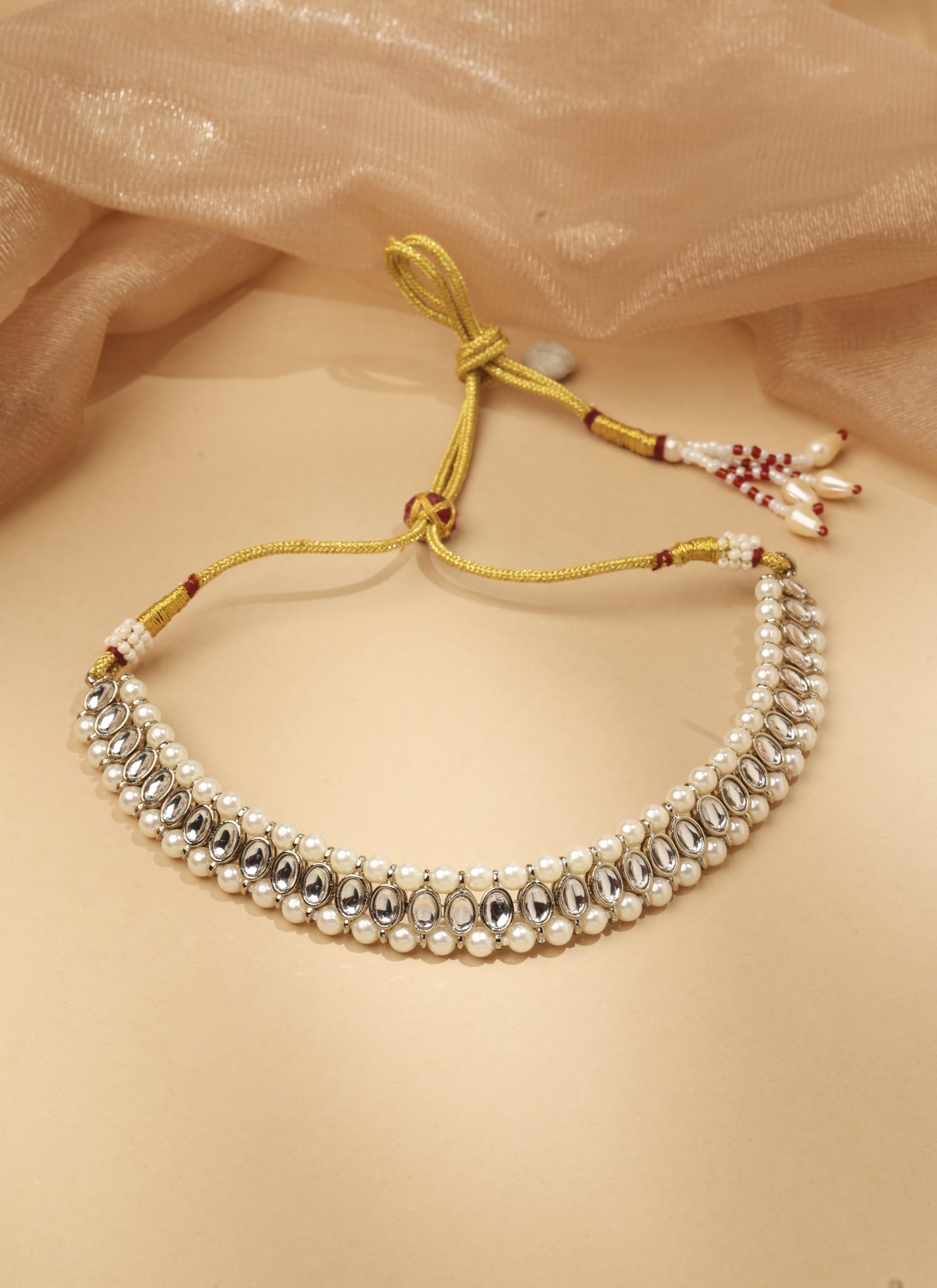 Saloni Fashion Jewellery Gorgeous Round and Circle Shape Pearl White Kundan Stone Antique Gold Plated Choker Necklace With Maang Tikka For Women and Girls