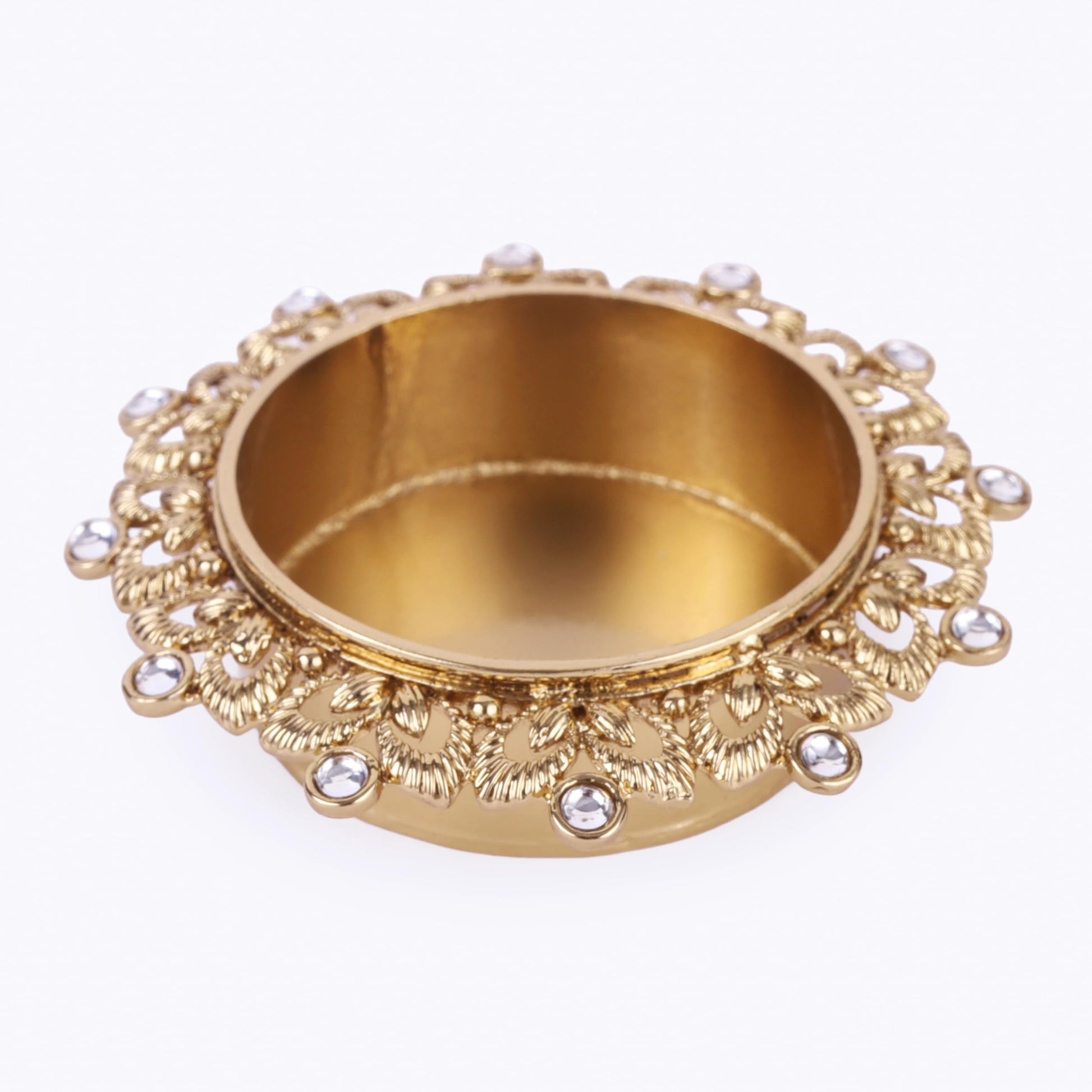 Saloni Fashion Jewellery Traditional Classy Leaf and Round Shape Brass Gold Plated White Stone Festival Decorative Deep / Diya