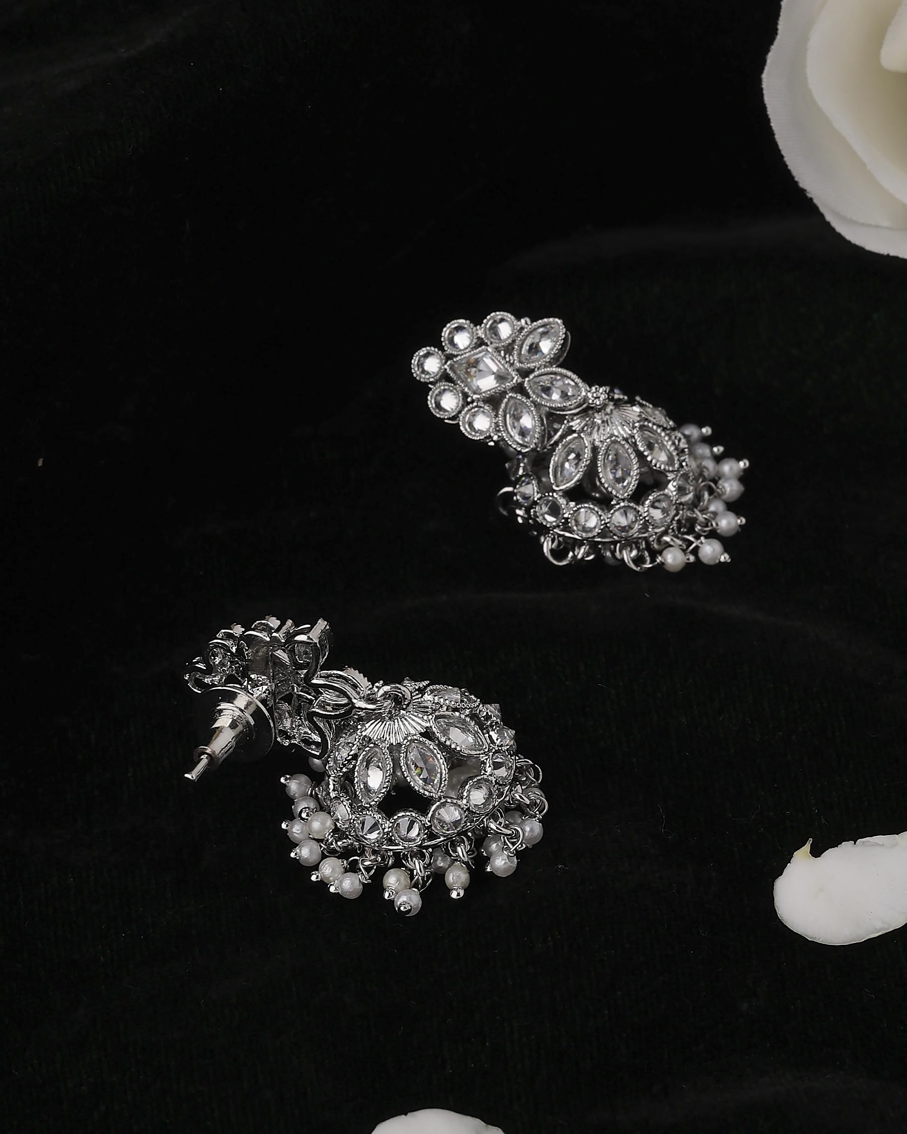 Saloni Fashion Jewellery Flowing Round and Pear Shape Silver Plated White Kundan Stone Brass Jhumki Earring For Women and Girls