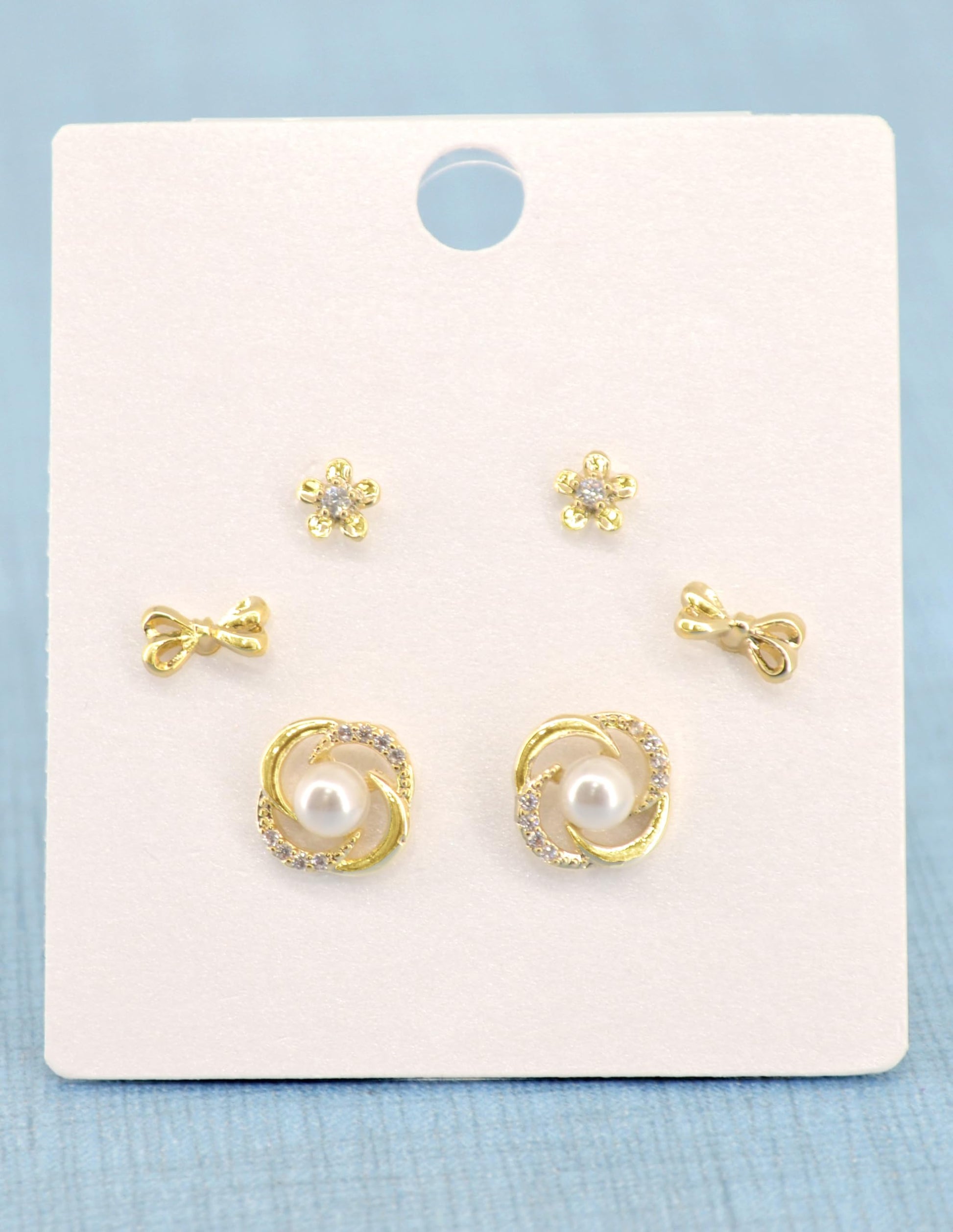 Saloni Fashion Jewellery Trendy Flower and Round Shape CZ Pearl Brass Gold Plated Set of 3 Combo Stud Earring For Women and Girls