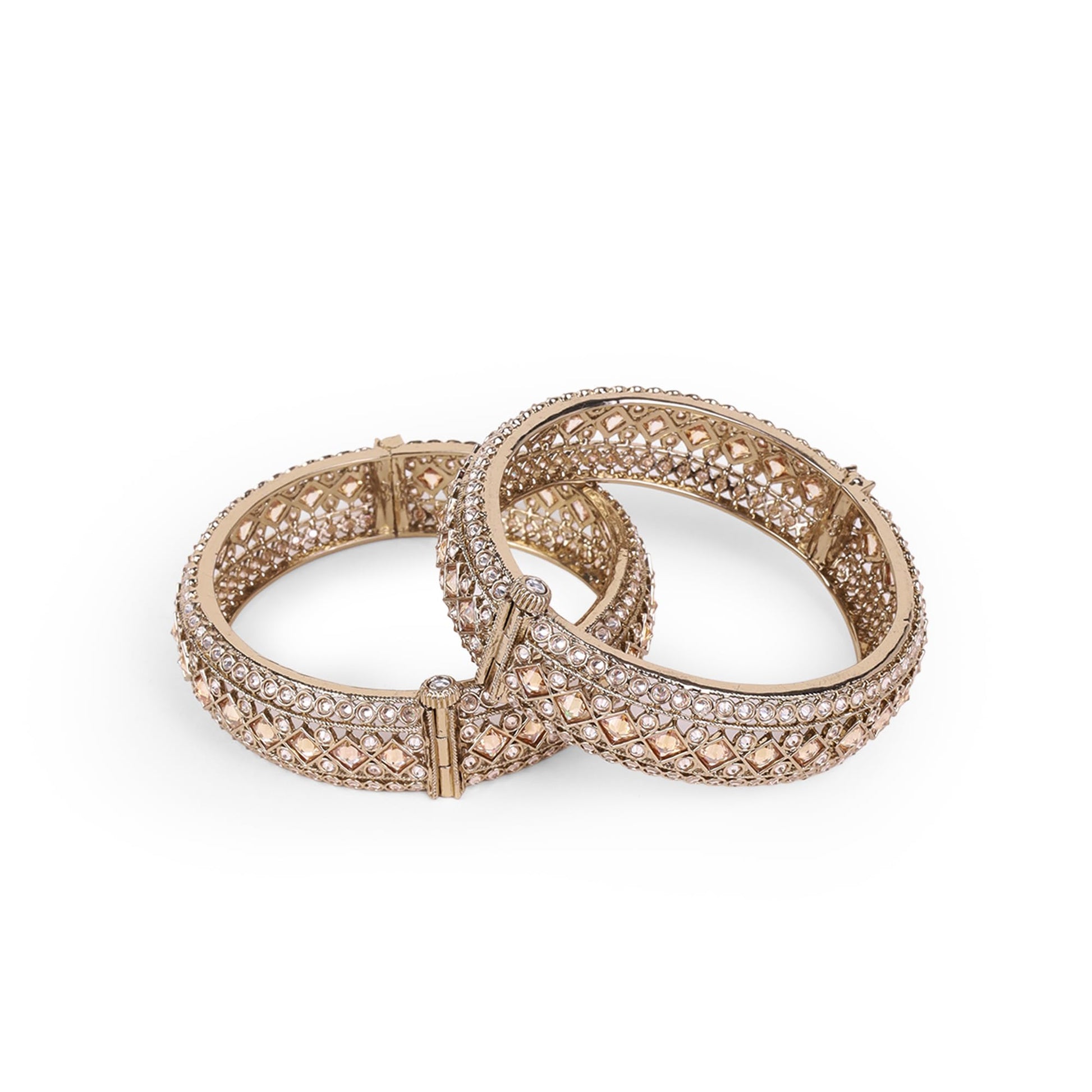 Saloni Fashion Jewellery Incredible Rectangle Crystal Antique Gold Plated Set Of 2 Openable Bangles For Women