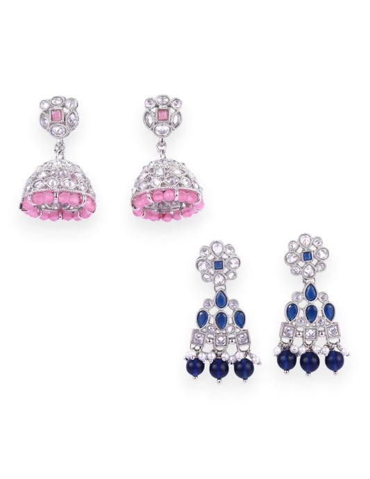 Saloni Fashion Jewellery Flowing Flower Design Kundan Silver Plated Set of 2 Combo Jhumki Earring For Women and Girls
