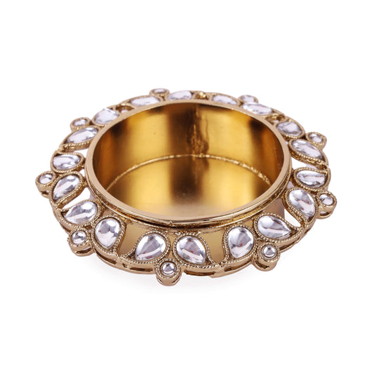 Saloni Fashion Jewellery Traditional Designer Paisley and Round Shape Brass Gold Plated White Stone Festival Decorative Deep / Diya