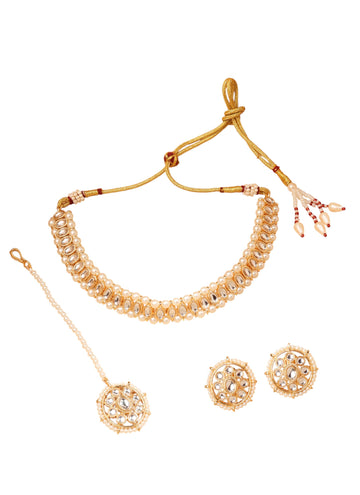 Saloni Fashion Jewellery Modern Circle and Round Pearl White Kundan Stone Gold Plated Choker Necklace With Maang Tikka For Women and Girls