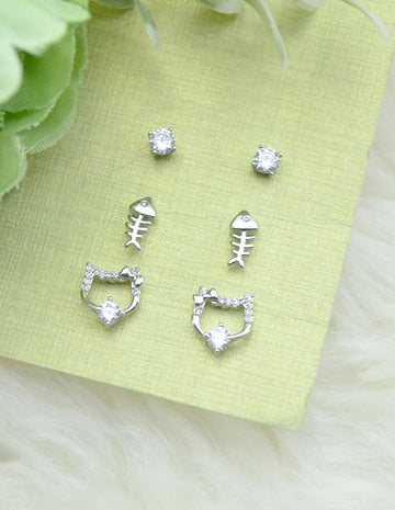 Saloni Fashion Jewellery Attractive Round and Fish Design Combo of 3 Silver Plated Stud Earring For Women and Girls