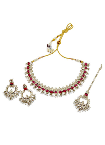 Saloni Fashion Jewellery Splendid Leaf and Sqaure Shape Pearl Ruby Kundan Stone Antique Gold Plated Choker Brass Necklace With Maang Tikka For Women and Girls