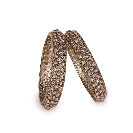 Saloni Fashion Jewellery Modern Rectangle Crystal Antique Gold Plated Set Of 2 Bangles For Women