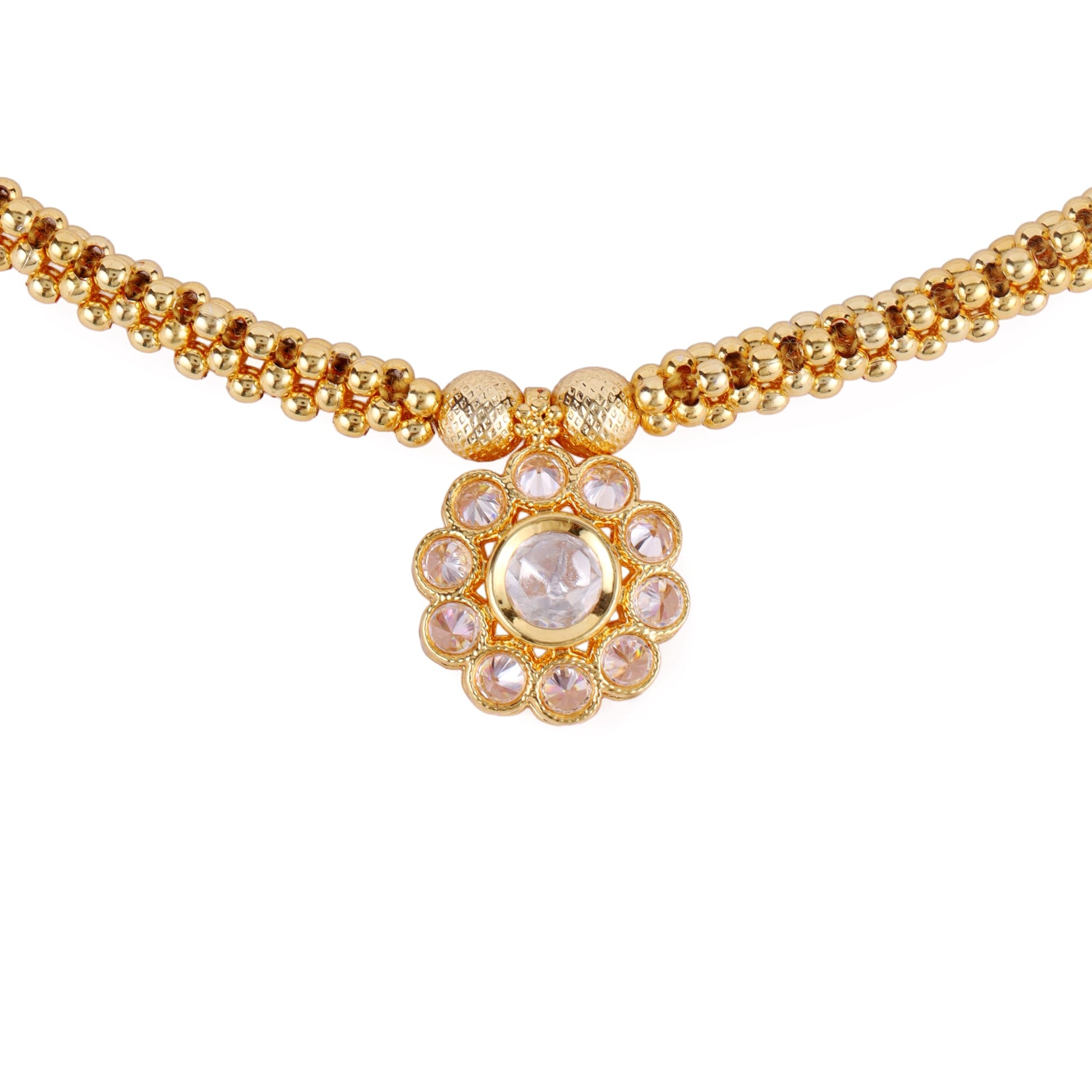 Saloni Fashion Jewellery Traditional Round Shape Golden Balls White Stone Gold Plated Choker Necklace Set For Women