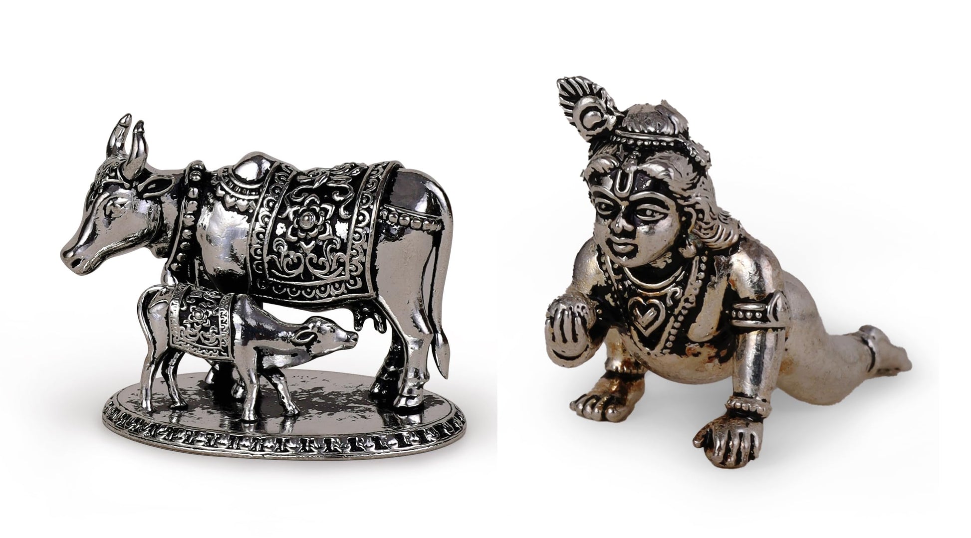 Saloni Fashion Jewellery Cow (Gaay Mata) and Lord Krishna Oxidised Silver Plated Combo Set of 2 Idol/Murti Home And Office Decorative Gifting