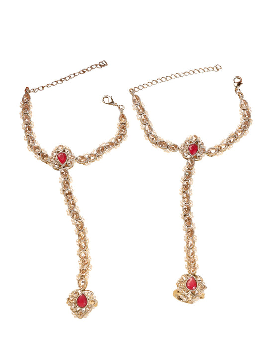 Saloni Fashion Jewellery Exotic Flower and Oval Shape Pearl Red Kundan Stone Antique Gold Plated Set of 2 Brass Hathpaan(Hathphool) For Women and Girls