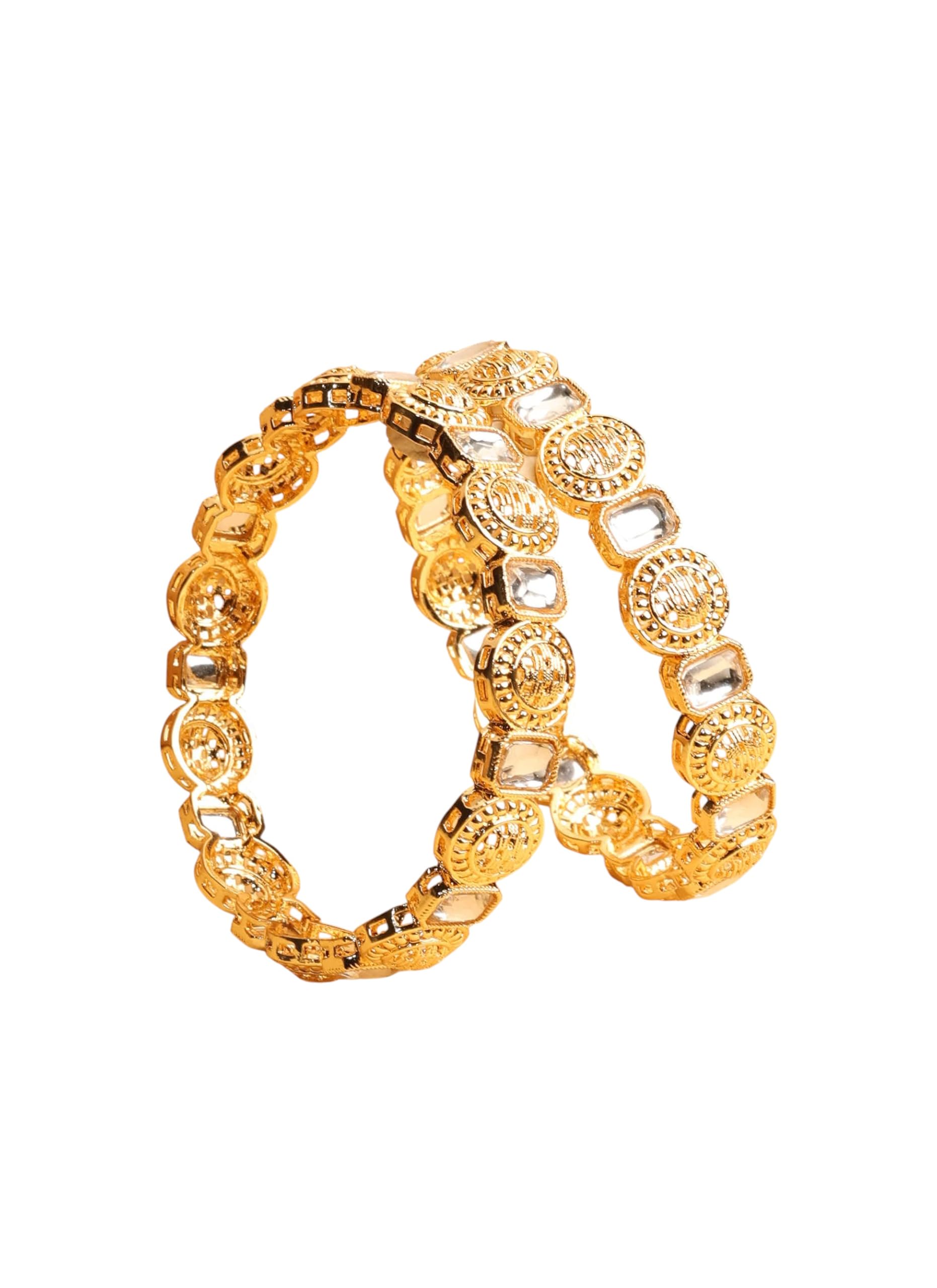Saloni Fashion Jewellery Traditional Round Shape White Kundan Stone Gold Plated Set of 2 Bangle Set For Women and Girls