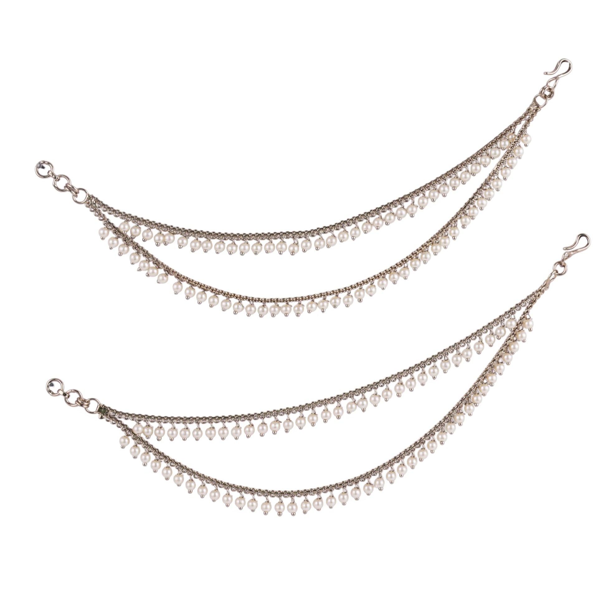 Saloni Fashion Jewellery Dazzling 2 String White Pearl Gold Plated Set Of 2 Brass Ear-Chain (Kaanchain) For Women and Girls