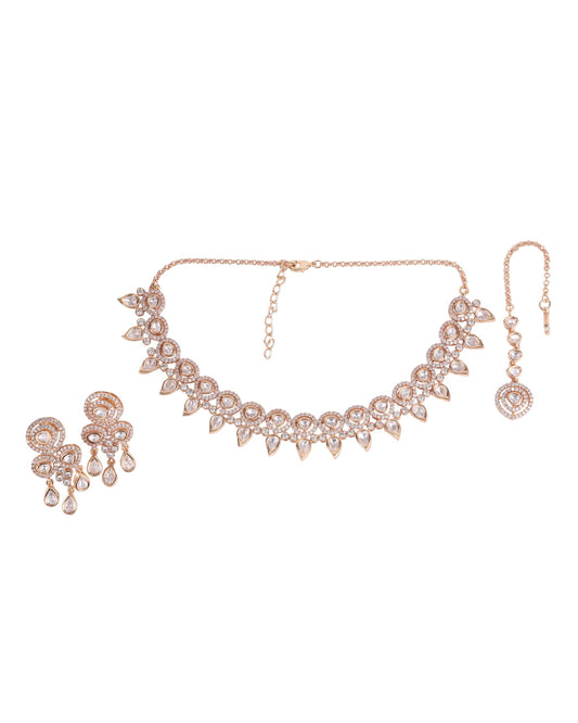 Saloni Fashion Jewellery Lovely Paisley and Round Shape Uncut Kundan Stone Antique Gold Plated Brass Choker Necklace Set with Maang Tikkka For Women and Girls