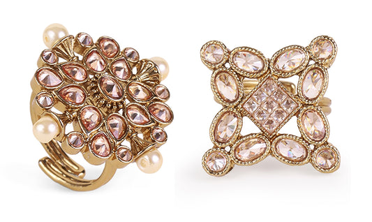Saloni Fashion Jewellery Round and Flower Design Gold Plated Set of 2 Combo Brass Adjustable Finger Ring For Women