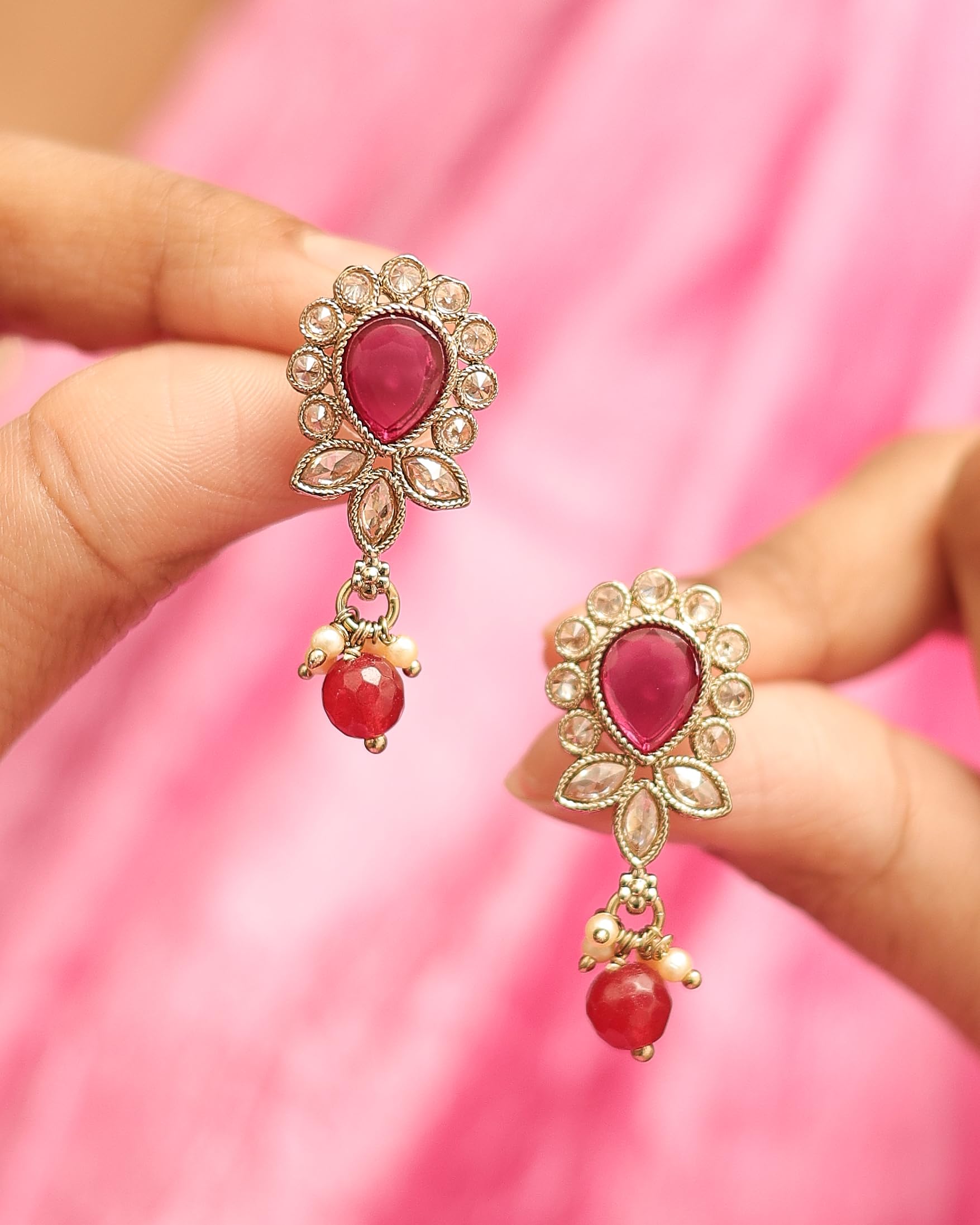 Saloni Fashion Jewellery Eye-Catchy Flower and Oval Shape Kundan Siler and Antique Gold Plated Set of 2 Combo Dangle Earring For Women and Girls