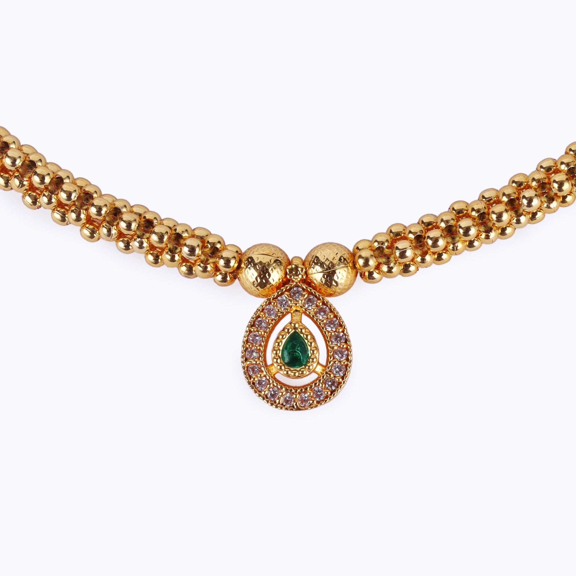 Saloni Fashion Jewellery Traditional Oval Shape Golden Balls Green Stone Gold Plated Choker Necklace Set For Women
